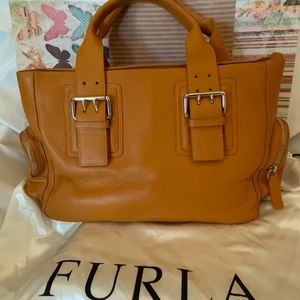 Furla grained calfskin camel color handbag